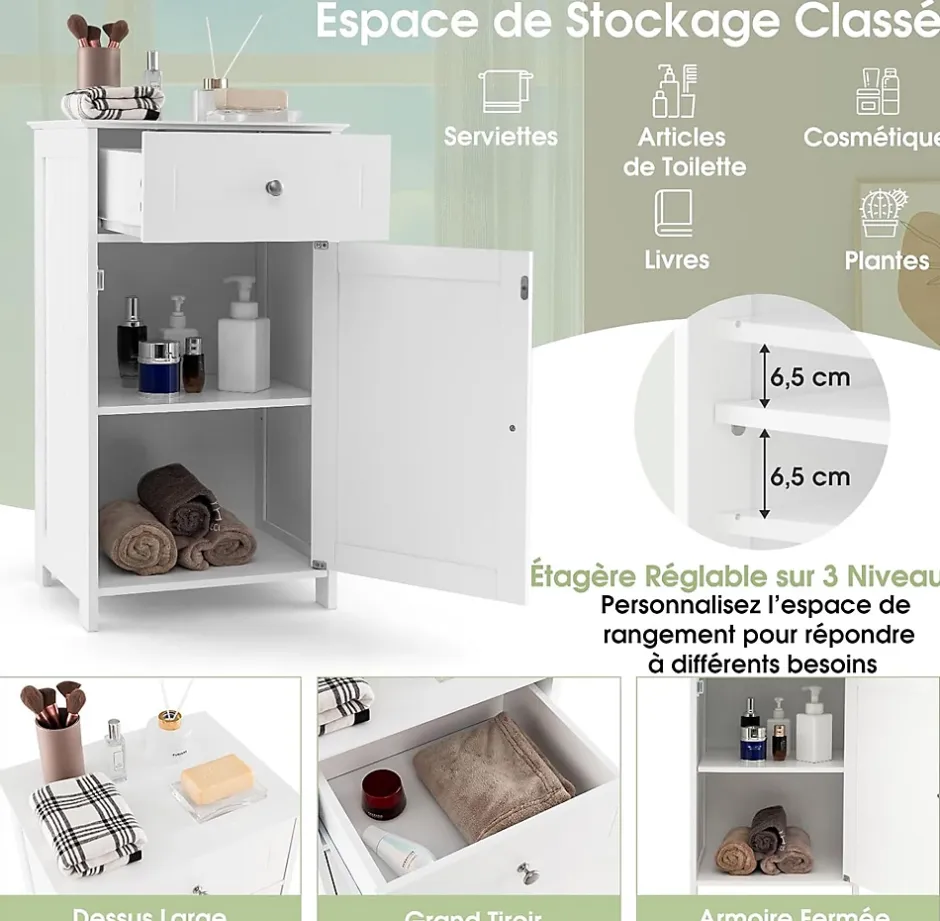 Giantex Meuble sur Pieds de Salle de Bain avec Étagères Réglables Tiroir et 1 Porte Armoire de Rangement pour Salle de Bain Blanc* Meuble Sous-Vasque