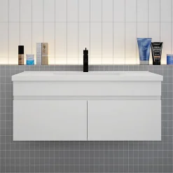 AICA Sanitaire Meuble suspendu avec vasque 100 cm salle de bain, meuble blanc 2 portes
