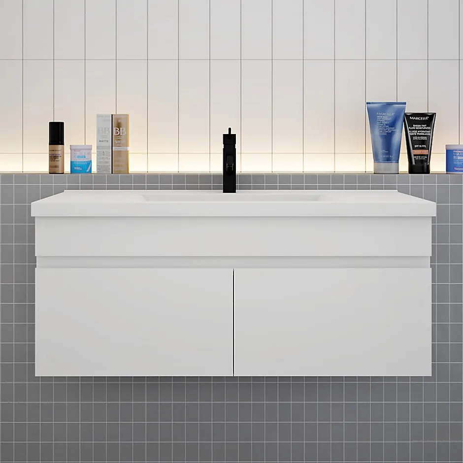 AICA Sanitaire Meuble suspendu avec vasque 100 cm salle de bain, meuble blanc 2 portes