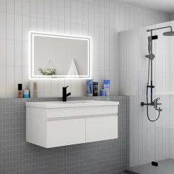 AICA Sanitaire Meuble suspendu avec vasque 100 cm salle de bain, meuble blanc 2 portes