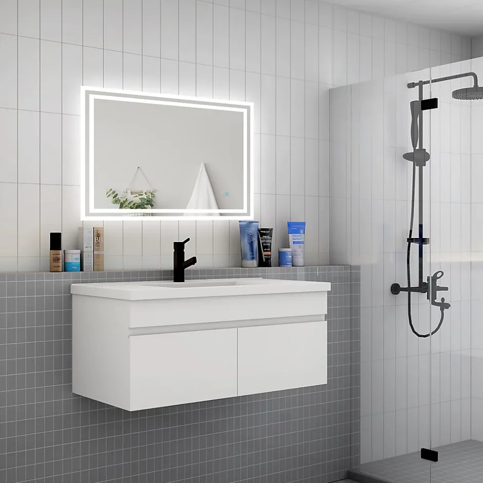 AICA Sanitaire Meuble suspendu avec vasque 100 cm salle de bain, meuble blanc 2 portes