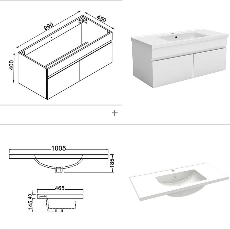 AICA Sanitaire Meuble suspendu avec vasque 100 cm salle de bain, meuble blanc 2 portes