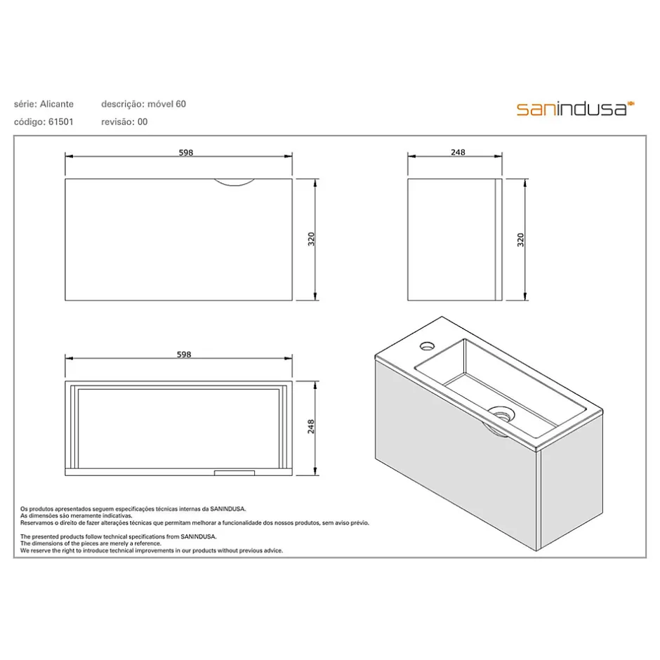 Sanindusa Meuble suspendu pour lave-mains 1 porte Alicante 60x25 hauteur 45cm blanc (lave-mains et mitigeur non inclus)* Lave-Mains