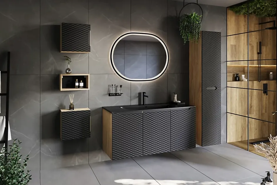 Furnidea Meuble suspendu sous vasque OCEAN chêne et noir 60 cm - 2 tiroirs façades 3D