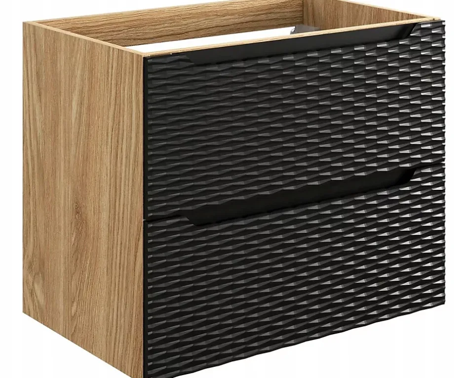 Furnidea Meuble suspendu sous vasque OCEAN chêne et noir 70 cm - 2 tiroirs façades 3D* Meuble Sous Lavabo