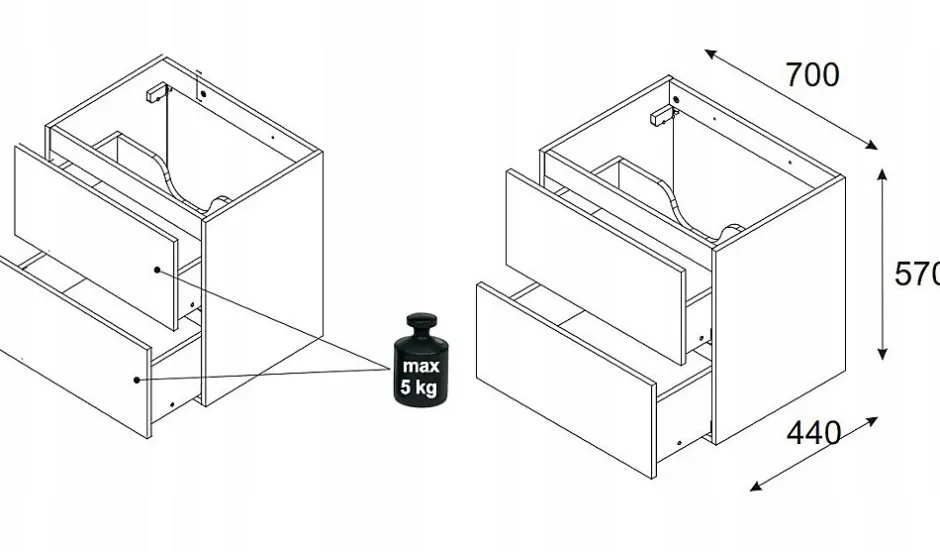 Furnidea Meuble suspendu sous vasque OCEAN chêne et noir 70 cm - 2 tiroirs façades 3D* Meuble Sous Lavabo