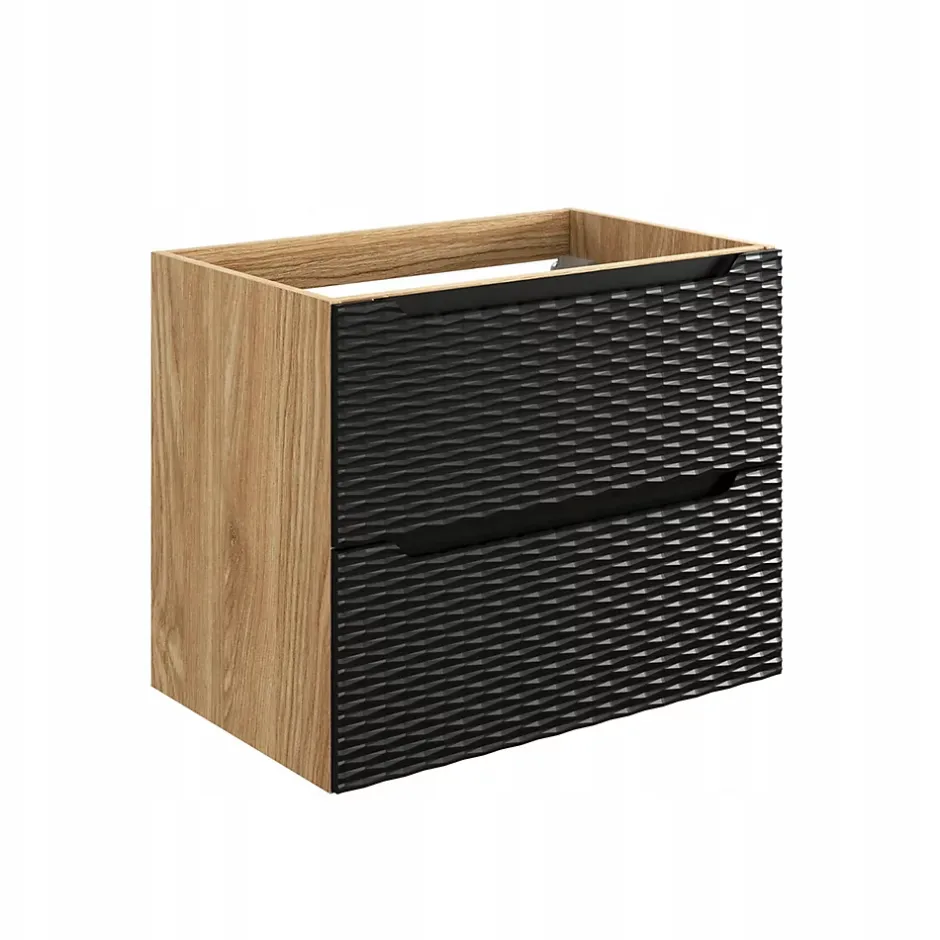 Furnidea Meuble suspendu sous vasque OCEAN chêne et noir 70 cm - 2 tiroirs façades 3D* Meuble Sous Lavabo