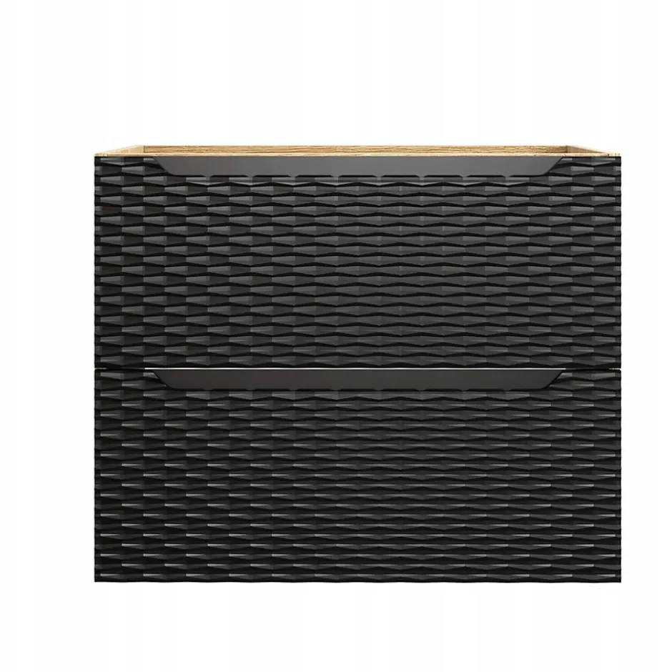Furnidea Meuble suspendu sous vasque OCEAN chêne et noir 70 cm - 2 tiroirs façades 3D* Meuble Sous Lavabo
