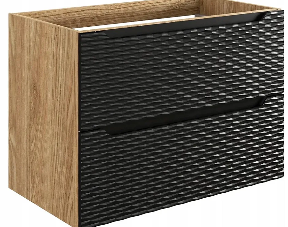 Furnidea Meuble suspendu sous vasque OCEAN chêne et noir 80 cm - 2 tiroirs façades 3D* Meuble Sous Lavabo