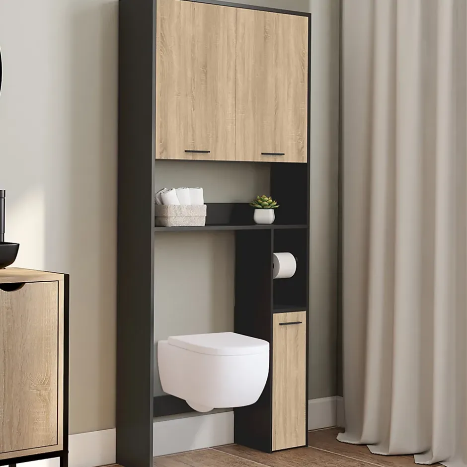 IDMarket Meuble étagère dessus WC WALLIS noir et bois façon hêtre