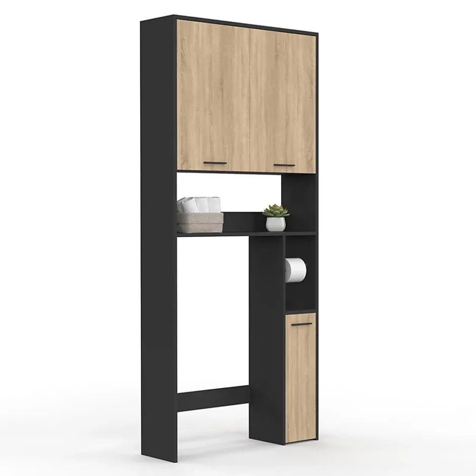 IDMarket Meuble étagère dessus WC WALLIS noir et bois façon hêtre