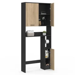 IDMarket Meuble étagère dessus WC WALLIS noir et bois façon hêtre
