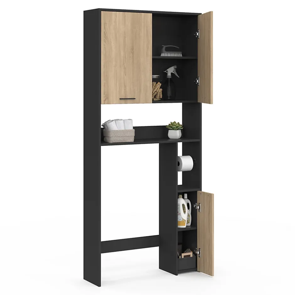 IDMarket Meuble étagère dessus WC WALLIS noir et bois façon hêtre