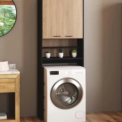 IDMarket Meuble étagères de rangement dessus machine à laver et WC WALLIS noir et bois façon hêtre