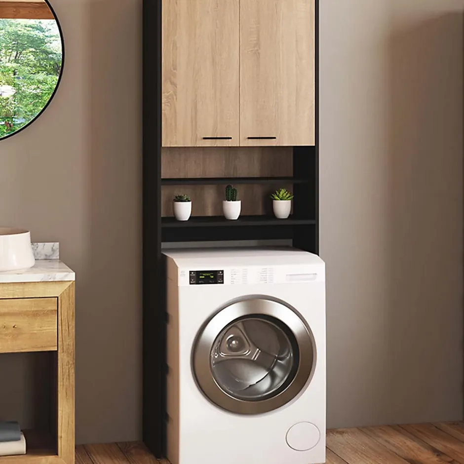 IDMarket Meuble étagères de rangement dessus machine à laver et WC WALLIS noir et bois façon hêtre