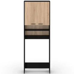 IDMarket Meuble étagères de rangement dessus machine à laver et WC WALLIS noir et bois façon hêtre