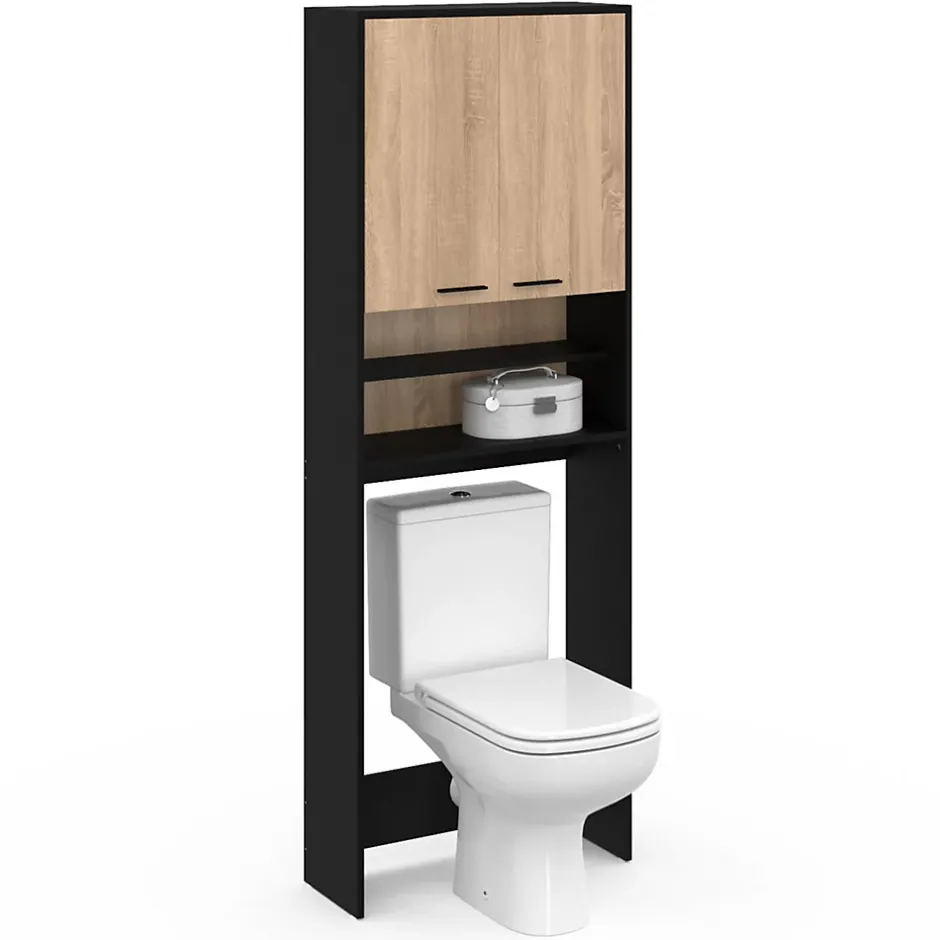 IDMarket Meuble étagères de rangement dessus machine à laver et WC WALLIS noir et bois façon hêtre