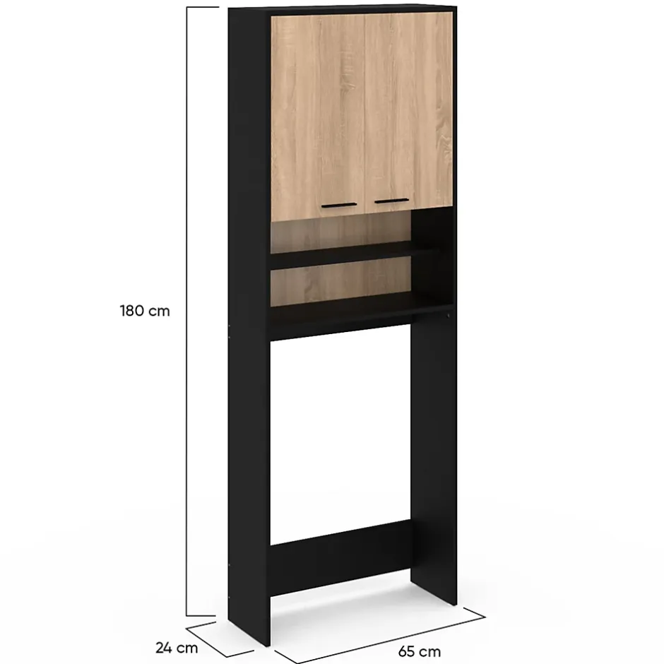 IDMarket Meuble étagères de rangement dessus machine à laver et WC WALLIS noir et bois façon hêtre
