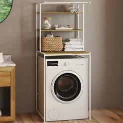 IDMarket Meuble étagères dessus machine à laver DETROIT bois et métal blanc* Armoire De Salle De Bains