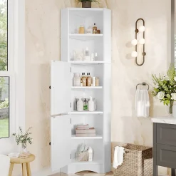 ProximaX Meuble triangulaire salle de bain blanc laqué, 2 étagères ouvertes, 2 portes avec séparateurs réglables, design simple* Meuble Wc