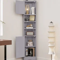 ProximaX Meuble triangulaire salle de bain, résistant à l'humidité, 3 étagères ouvertes, double porte avec étagères réglables, gris* Meuble Wc
