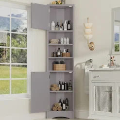ProximaX Meuble triangulaire salle de bain, résistant à l'humidité, 3 étagères ouvertes, double porte avec étagères réglables, gris* Meuble Wc