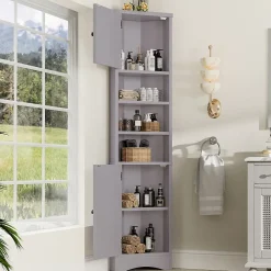 ProximaX Meuble triangulaire salle de bain, résistant à l'humidité, 3 étagères ouvertes, double porte avec étagères réglables, gris* Meuble Wc