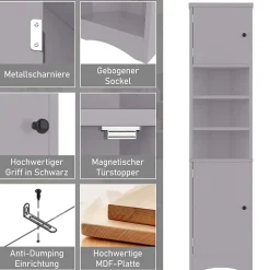 ProximaX Meuble triangulaire salle de bain, résistant à l'humidité, 3 étagères ouvertes, double porte avec étagères réglables, gris* Meuble Wc