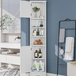 ProximaX Meuble triangulaire salle de bain blanc, résistant à l'humidité, étagères ouvertes, double porte avec étagères réglables* Meuble Wc