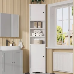 ProximaX Meuble triangulaire salle de bain blanc, résistant à l'humidité, étagères ouvertes, double porte avec étagères réglables* Meuble Wc