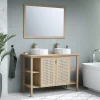 Meuble vasque à poser 2 portes avec plan de toilette l.114 x H.80 x P.50 cm, placage chêne et cannage, Thiam* Meuble Buanderie|Meuble Vasque