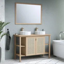 Meuble vasque à poser 2 portes avec plan de toilette l.114 x H.80 x P.50 cm, placage chêne et cannage, Thiam* Meuble Buanderie|Meuble Vasque