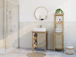 Meuble vasque à poser 1 porte avec plan de toilette l.61 x H.80 x P.50 cm, placage chêne et cannage, Thiam