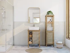 Meuble vasque à poser 1 porte avec plan de toilette l.61 x H.80 x P.50 cm, placage chêne et cannage, Thiam