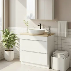 GoodHome Meuble vasque à poser blanc brillant l.80 cm Imandra + plan de toilette chêne massif Hartland,* Meuble Buanderie|Meuble Vasque