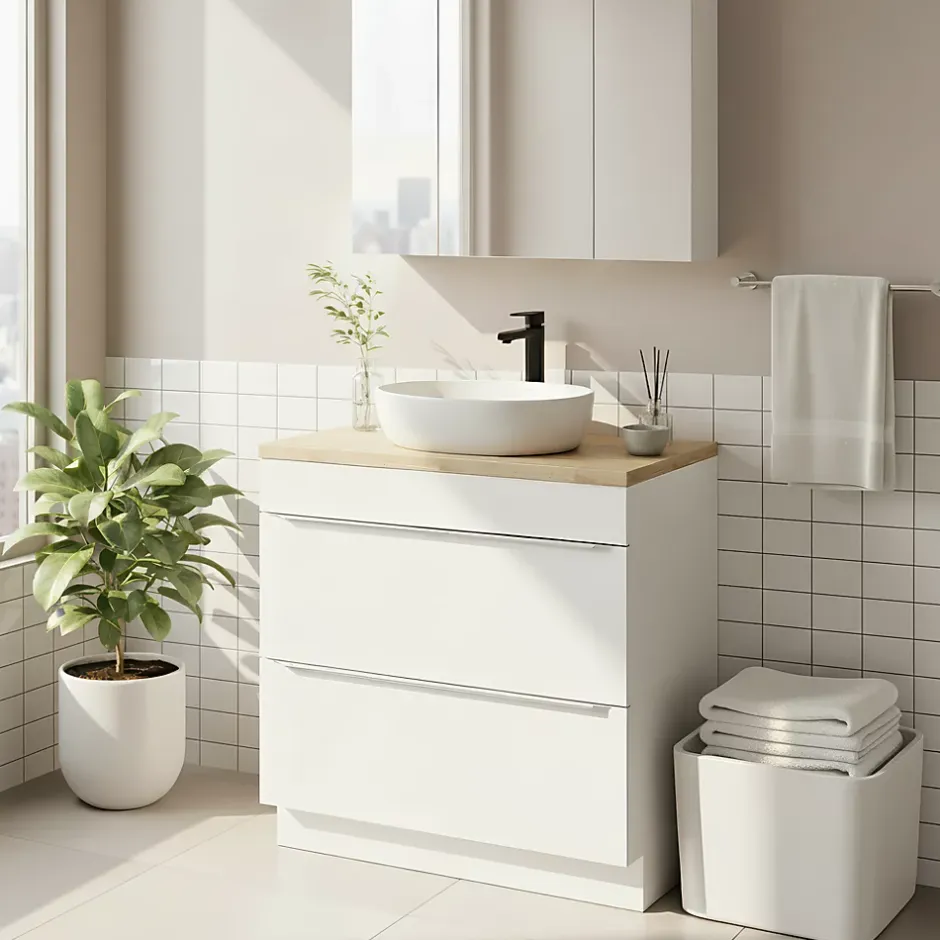 GoodHome Meuble vasque à poser blanc brillant l.80 cm Imandra + plan de toilette chêne massif Hartland,* Meuble Buanderie|Meuble Vasque