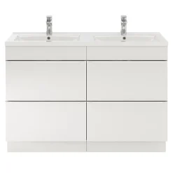 GoodHome Meuble vasque à poser blanc brillant l.120 cm Imandra + plan double vasque blanc céramique Nira,