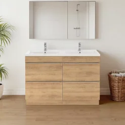 GoodHome Meuble vasque à poser effet chêne l.120 cm Imandra + plan double vasque blanc céramique Nira,