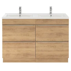 GoodHome Meuble vasque à poser effet chêne l.120 cm Imandra + plan double vasque blanc céramique Nira,