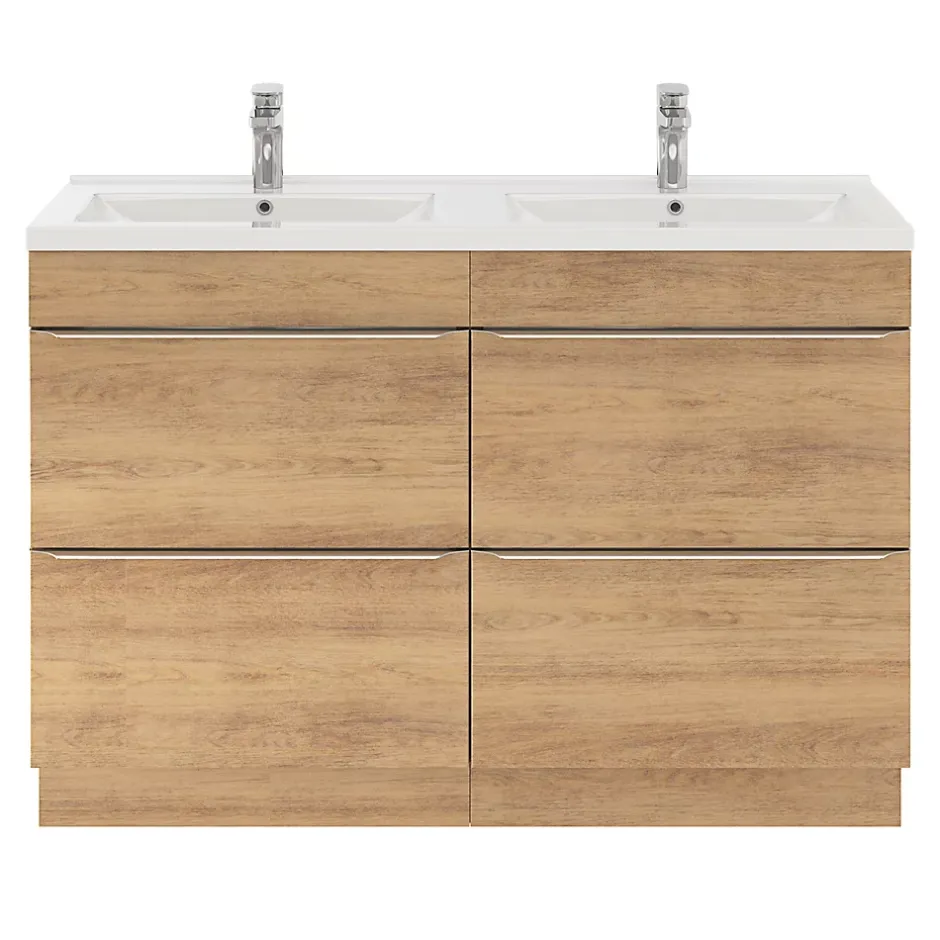 GoodHome Meuble vasque à poser effet chêne l.120 cm Imandra + plan double vasque blanc céramique Nira,