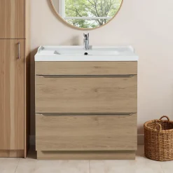 GoodHome Meuble vasque à poser effet chêne l.80 cm Imandra + plan vasque blanc céramique Lana,* Meuble Vasque