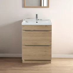 GoodHome Meuble vasque à poser effet chêne l.60 cm Imandra + plan vasque blanc céramique Lana,
