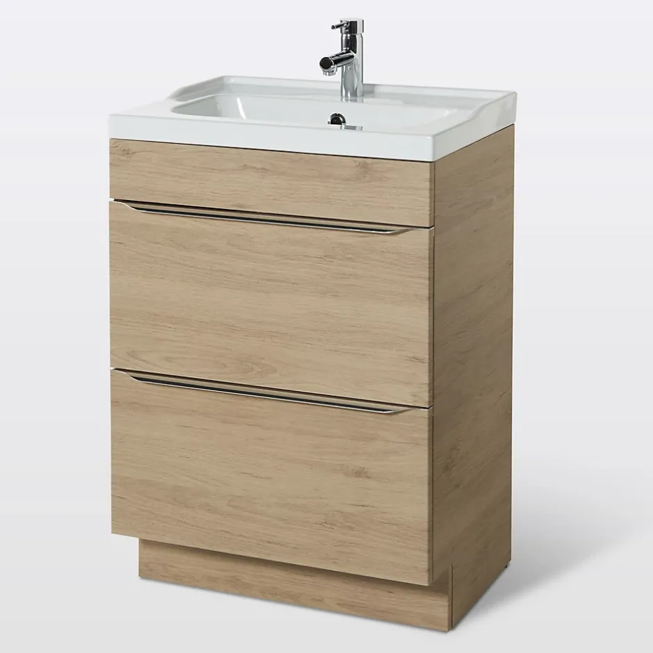 GoodHome Meuble vasque à poser effet chêne l.60 cm Imandra + plan vasque blanc céramique Lana,