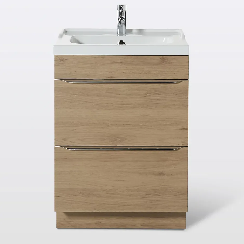 GoodHome Meuble vasque à poser effet chêne l.60 cm Imandra + plan vasque blanc céramique Lana,