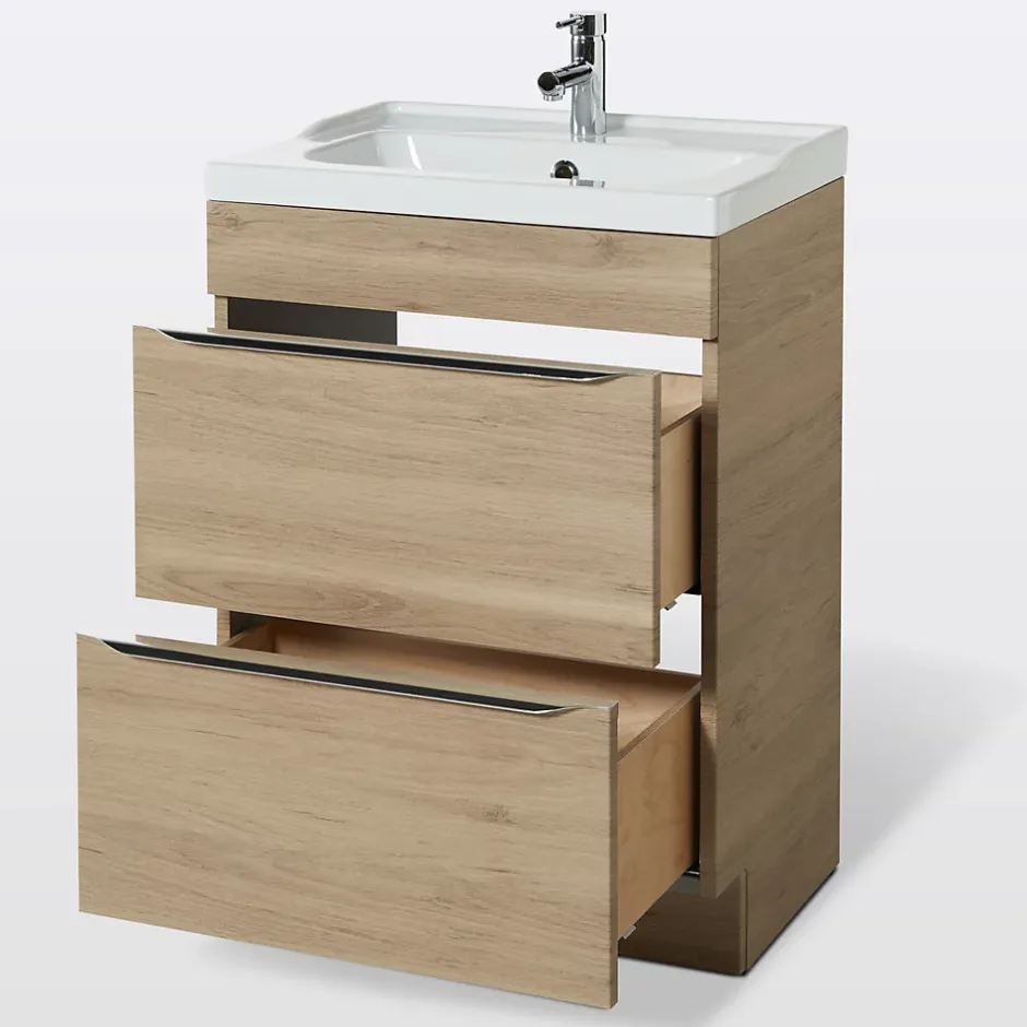 GoodHome Meuble vasque à poser effet chêne l.60 cm Imandra + plan vasque blanc céramique Lana,