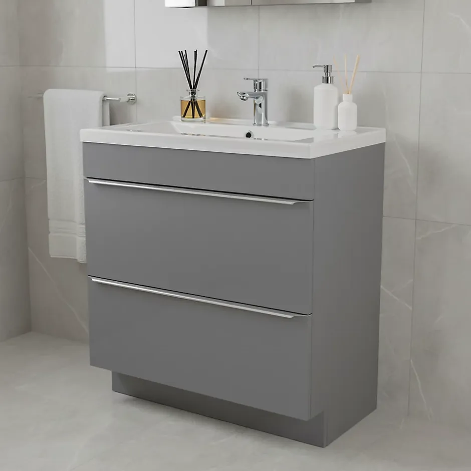 GoodHome Meuble vasque à poser gris l.80 cm Imandra + plan vasque blanc céramique Nira,* Meuble Vasque