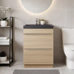 GoodHome Meuble vasque à poser Imandra effet chêne l.60 cm + plan vasque noir résine Mila,