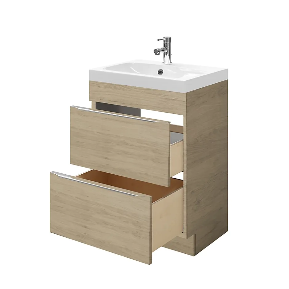 GoodHome Meuble vasque à poser Imandra effet chêne l.60 cm + plan vasque blanc résine Mila,