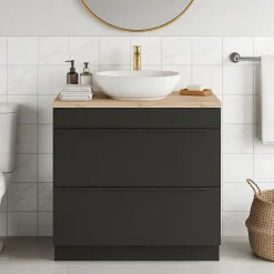 GoodHome Meuble vasque à poser noir mat l.80 cm Imandra + plan de toilette chêne massif Hartland,* Meuble Buanderie