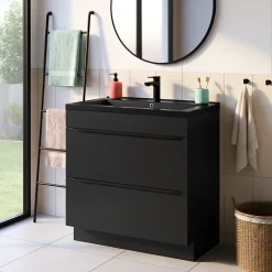 GoodHome Meuble vasque à poser noir mat l.80 cm Imandra + plan vasque noir céramique Nira,* Meuble Vasque